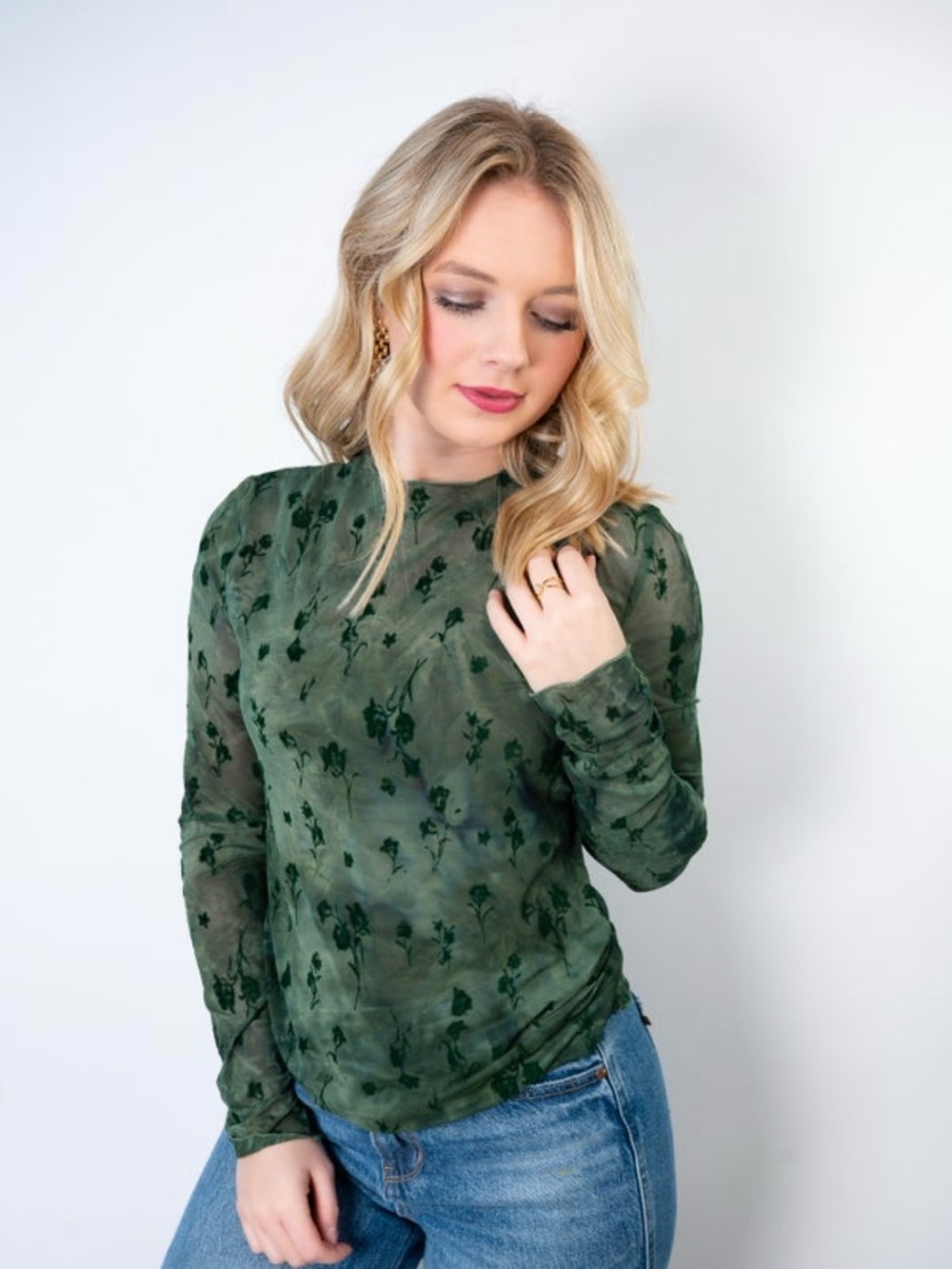 DAVI & DANI Olive Green Floral Burnout Long Sleeve Tee
